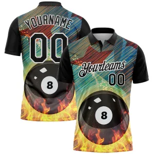 Custom Black White 3D Pattern Design Flame Billiards 8 Ball Performance Polo Shirt