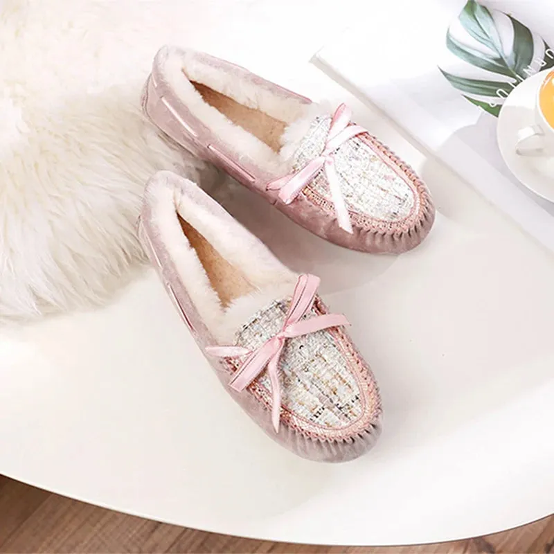 100% Natural Fur Women Shoes Soft Genuine Leather Moccasins Winter Mother Loafers Leisure Flats Female Driving Casual Footwear