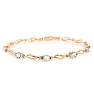 14K Solid Rose Gold Tennis Bracelet Aquamarines & Diamond Gemstone