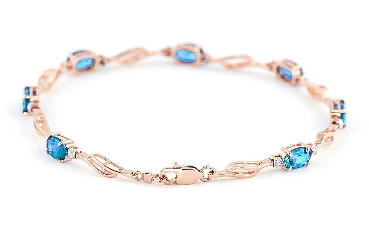 14K Solid Rose Gold Tennis Bracelet Blue Topaz & Diamond Certified