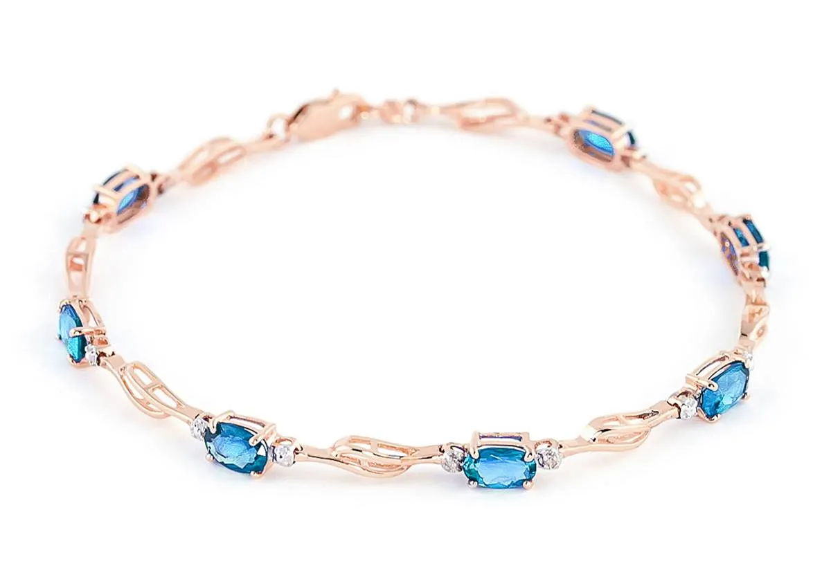 14K Solid Rose Gold Tennis Bracelet Blue Topaz & Diamond Certified