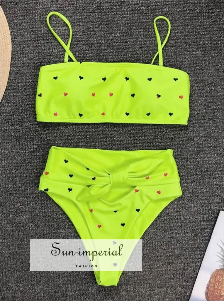 2 Piece Swimsuit Heart Print Bikini High Waisted Tie front bottom - Yelow