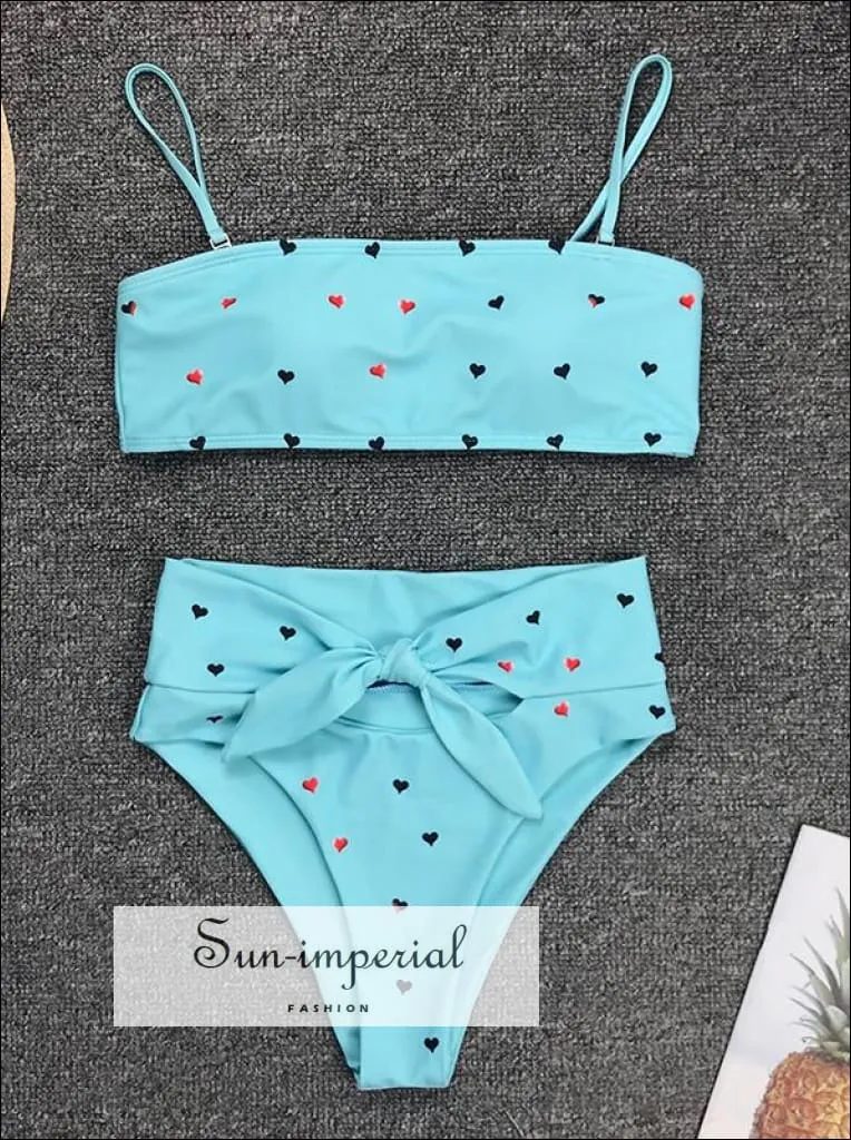 2 Piece Swimsuit Heart Print Bikini High Waisted Tie front bottom - Yelow