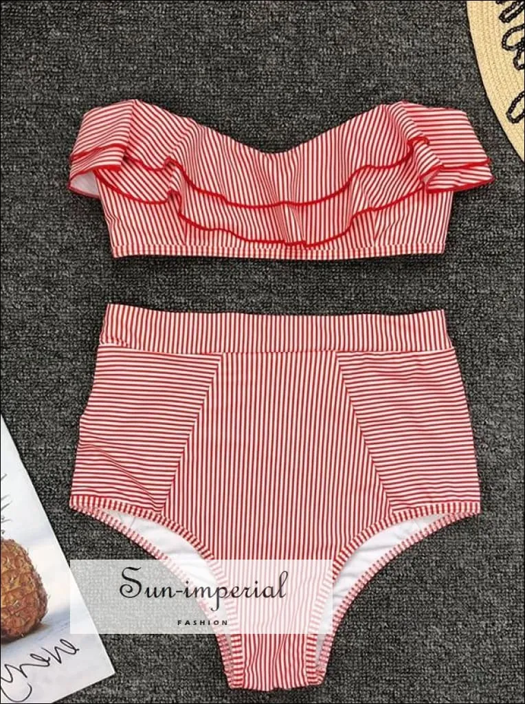 2 Piece Swimsuit Heart Print Bikini High Waisted Tie front bottom - Yelow