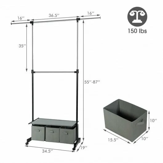 2-Rod Adjustable Garment Rack with Shelf & Storage Boxes