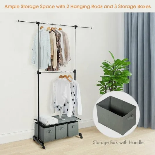 2-Rod Adjustable Garment Rack with Shelf & Storage Boxes