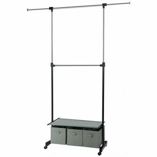 2-Rod Adjustable Garment Rack with Shelf & Storage Boxes