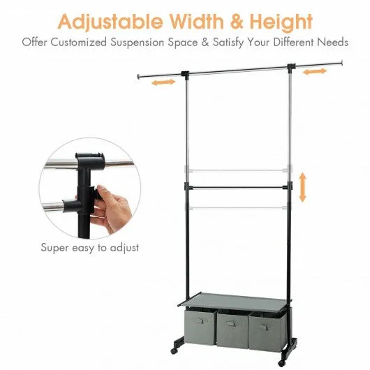 2-Rod Adjustable Garment Rack with Shelf & Storage Boxes