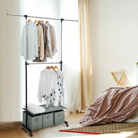 2-Rod Adjustable Garment Rack with Shelf & Storage Boxes