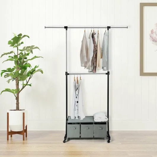 2-Rod Adjustable Garment Rack with Shelf & Storage Boxes