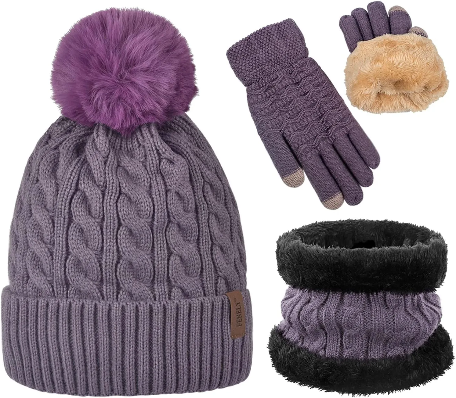 3Pcs Winter Women Beanie Hat Scarf and Touch Screen Gloves Sets