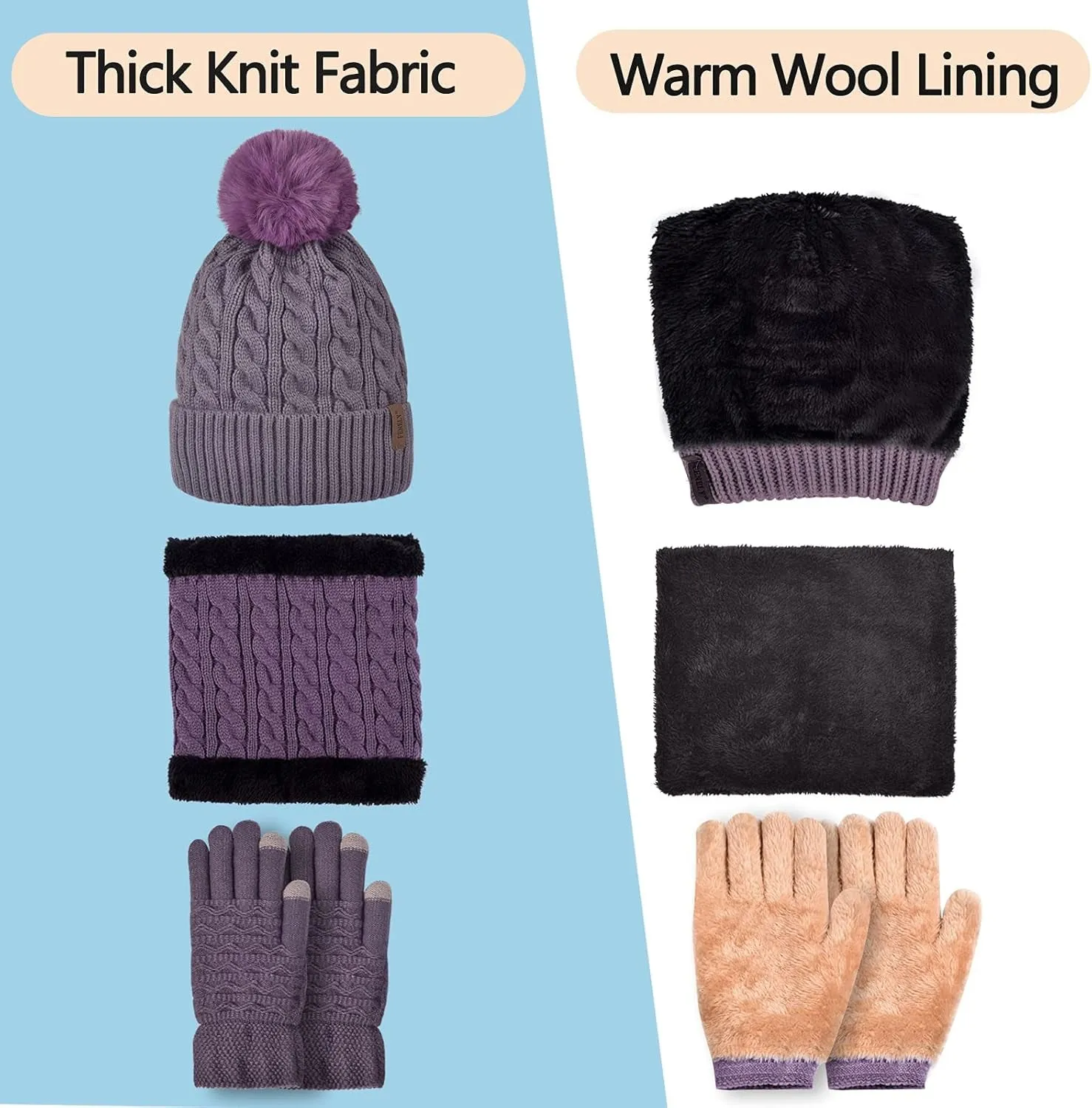 3Pcs Winter Women Beanie Hat Scarf and Touch Screen Gloves Sets