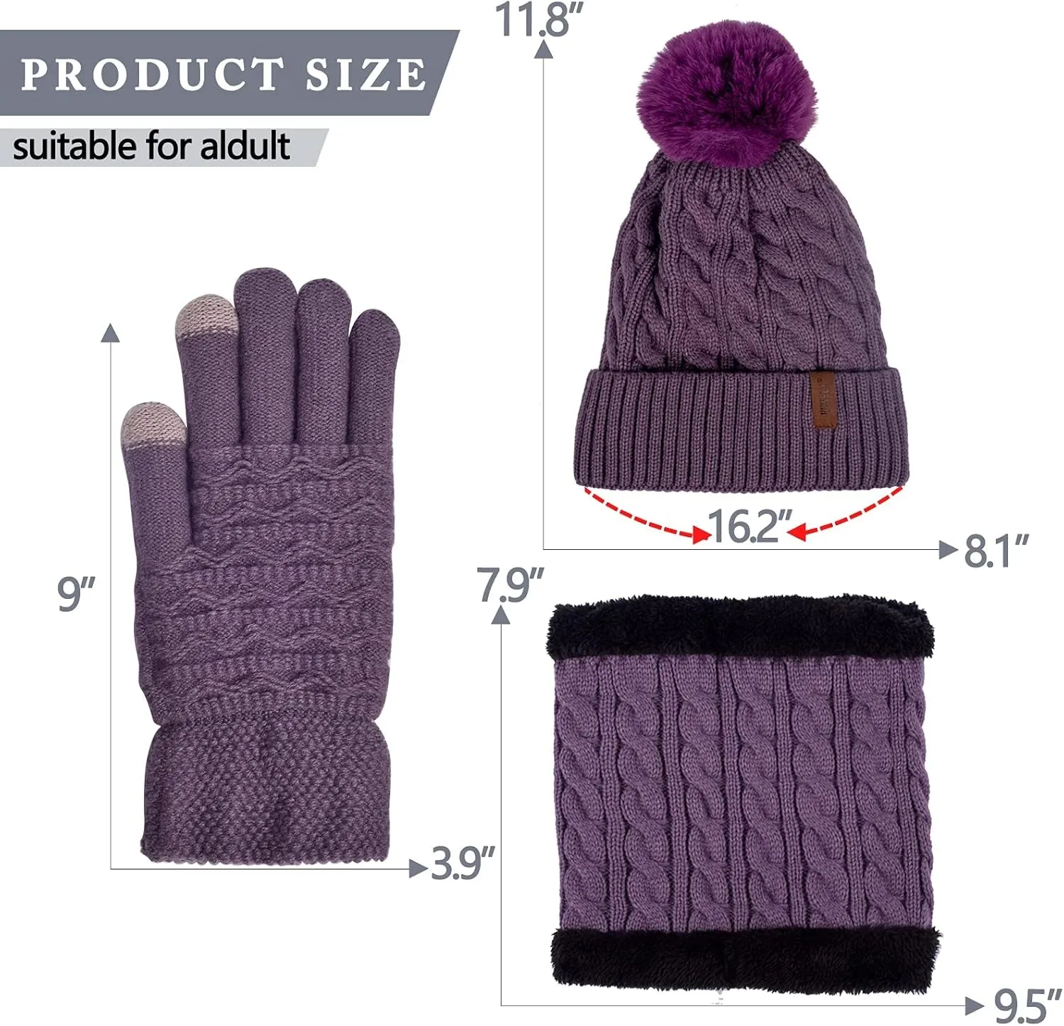 3Pcs Winter Women Beanie Hat Scarf and Touch Screen Gloves Sets