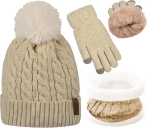 3Pcs Women's Winter Beanie, Hat Scarf and Touch Screen Gloves Sets