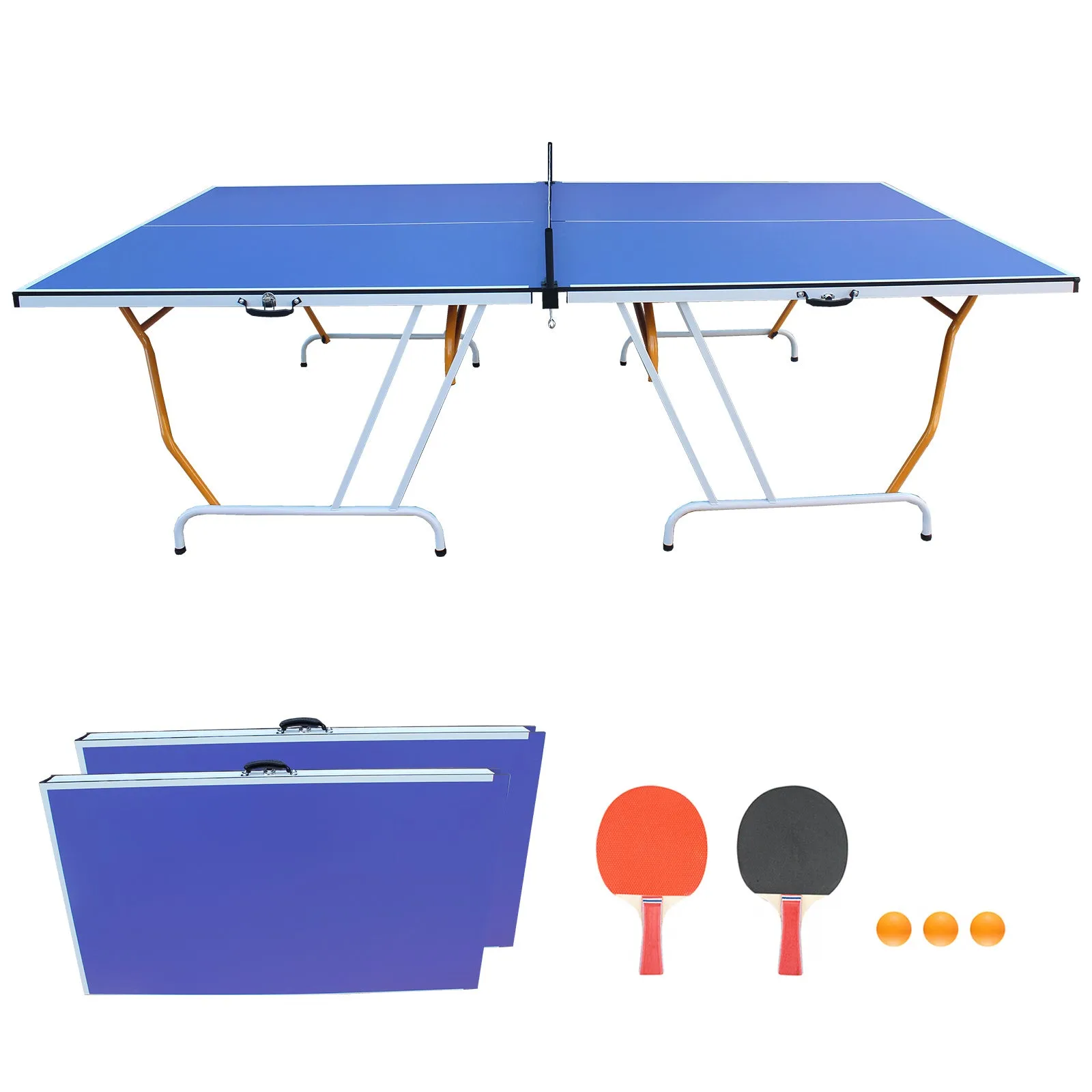 9ft Mid-Size Table Tennis Table Foldable & Portable Ping Pong Table Set for Indoor Games with Net, 2 Table Tennis Paddles and 3 Balls