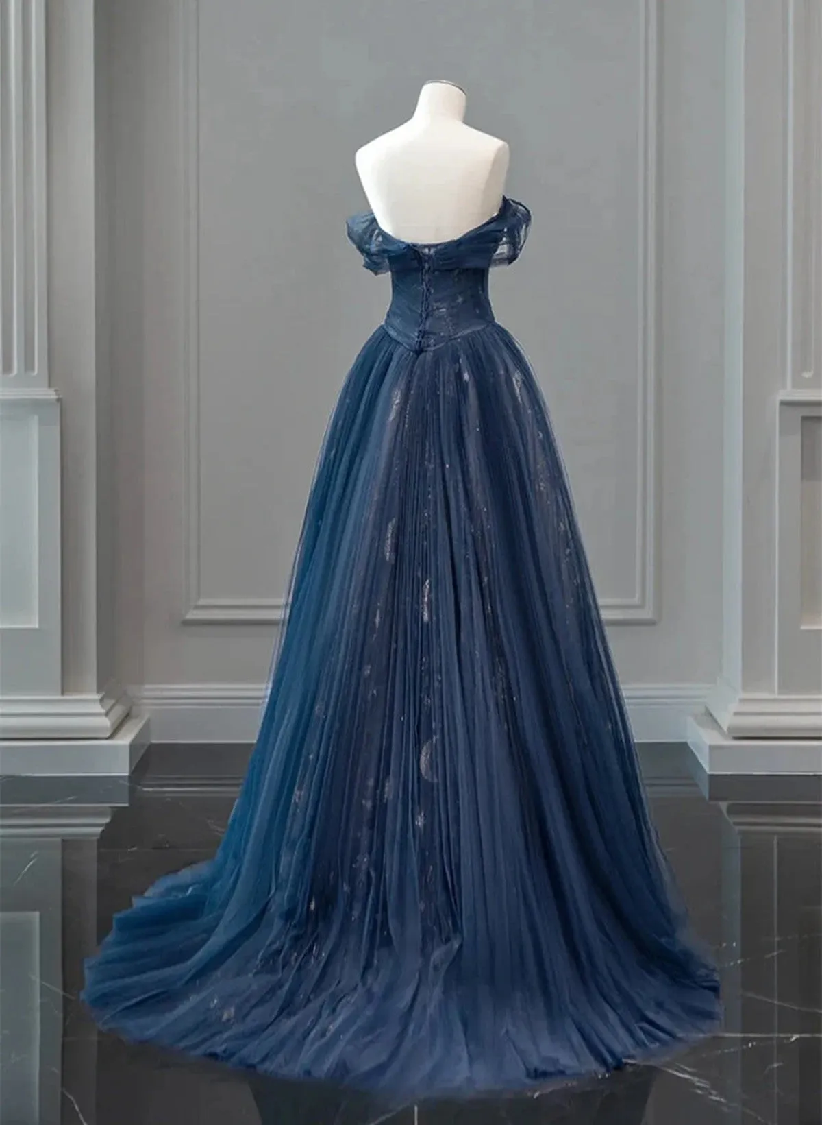 A-line Navy Blue Tulle Sweetheart Prom Dress, Navy Blue Long Evening Dress