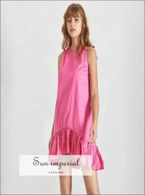 Annabella Dress in Rose - Casual Mini Asymmetrical Women's Dress Sleeveless Loose Cut