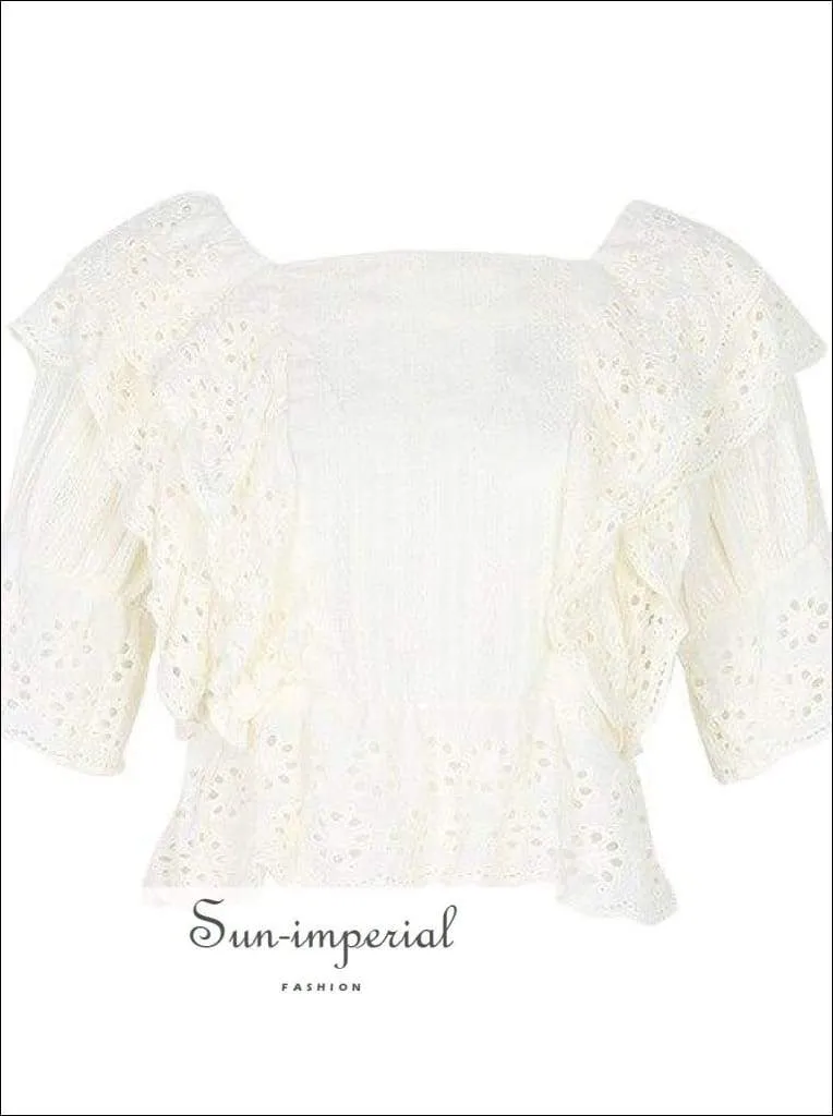 Anne top in White - Lace Lace Blouse for Women Square Collar Ruffles Puff Sleeve Crop top