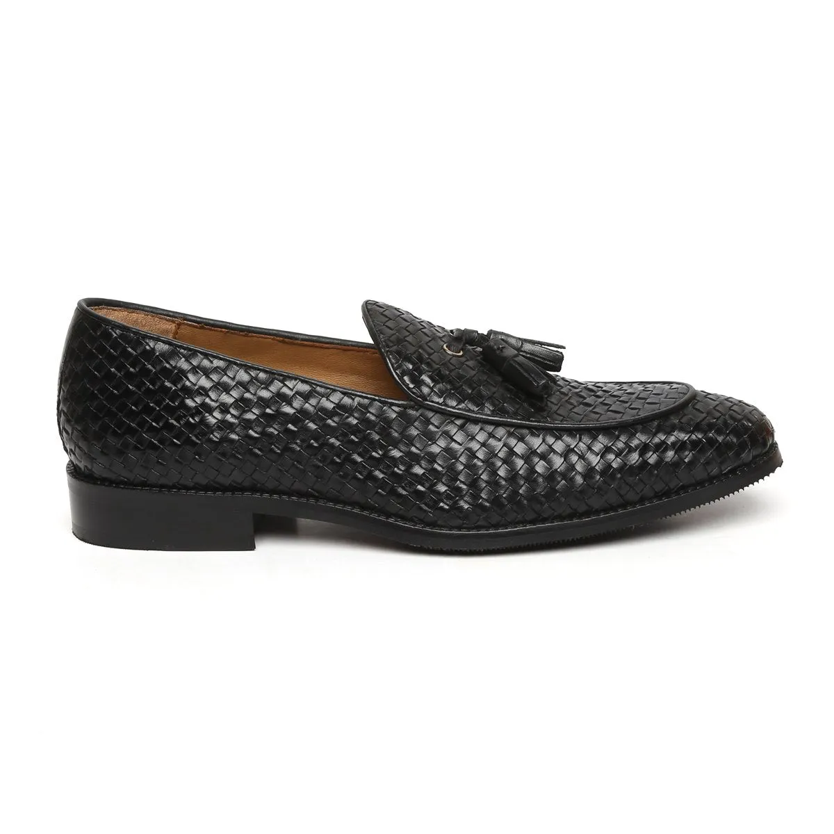 Apron Toe Tassel Slip-On Shoes Black Hand Weaved Leather