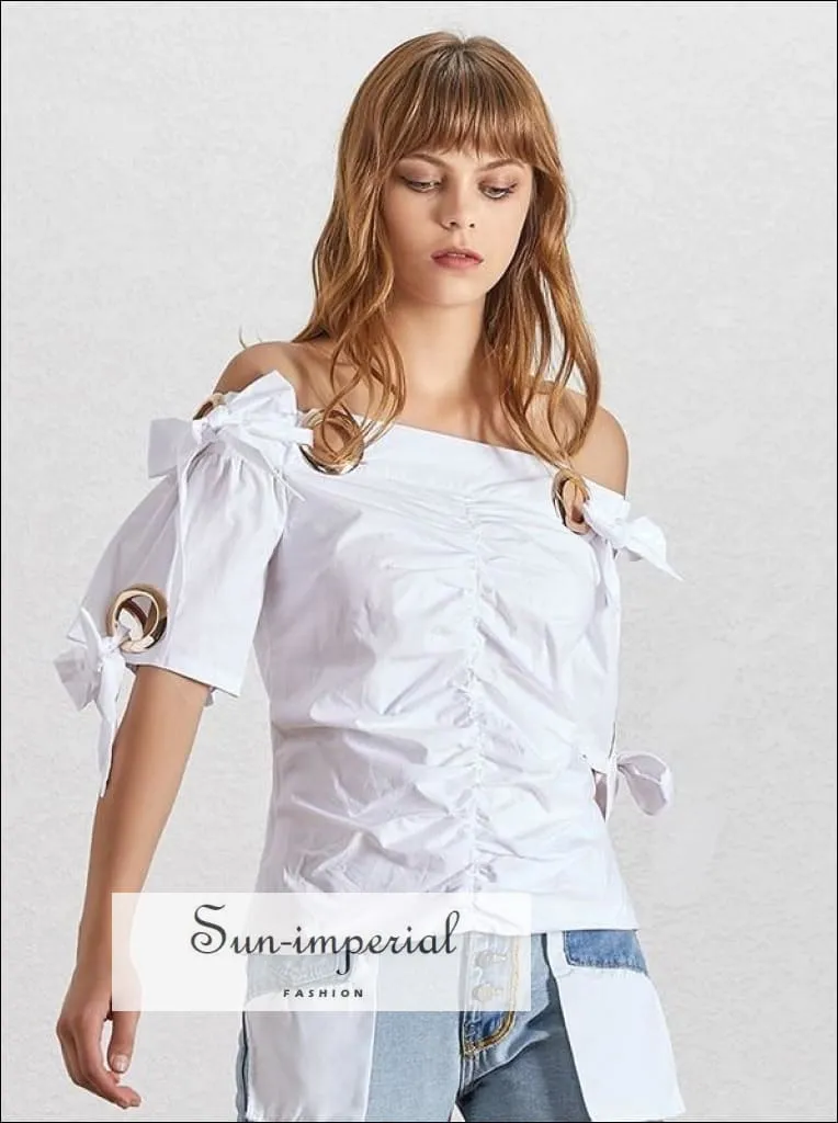 Azalea top - Elegant off Shoulder Women White Blouse Short Sleeve Bow Knot Ruched Slim Cut