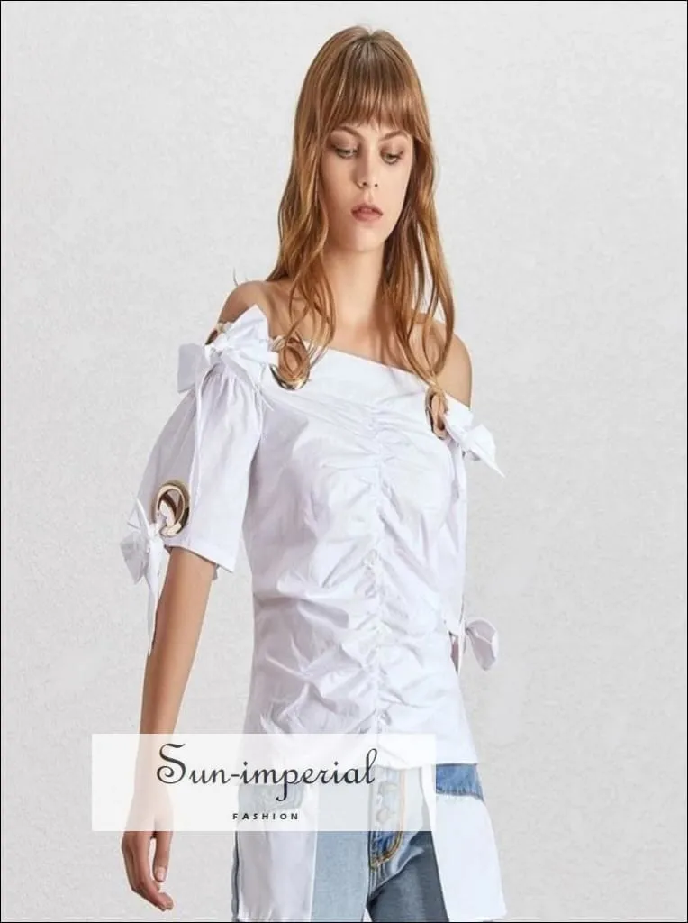 Azalea top - Elegant off Shoulder Women White Blouse Short Sleeve Bow Knot Ruched Slim Cut