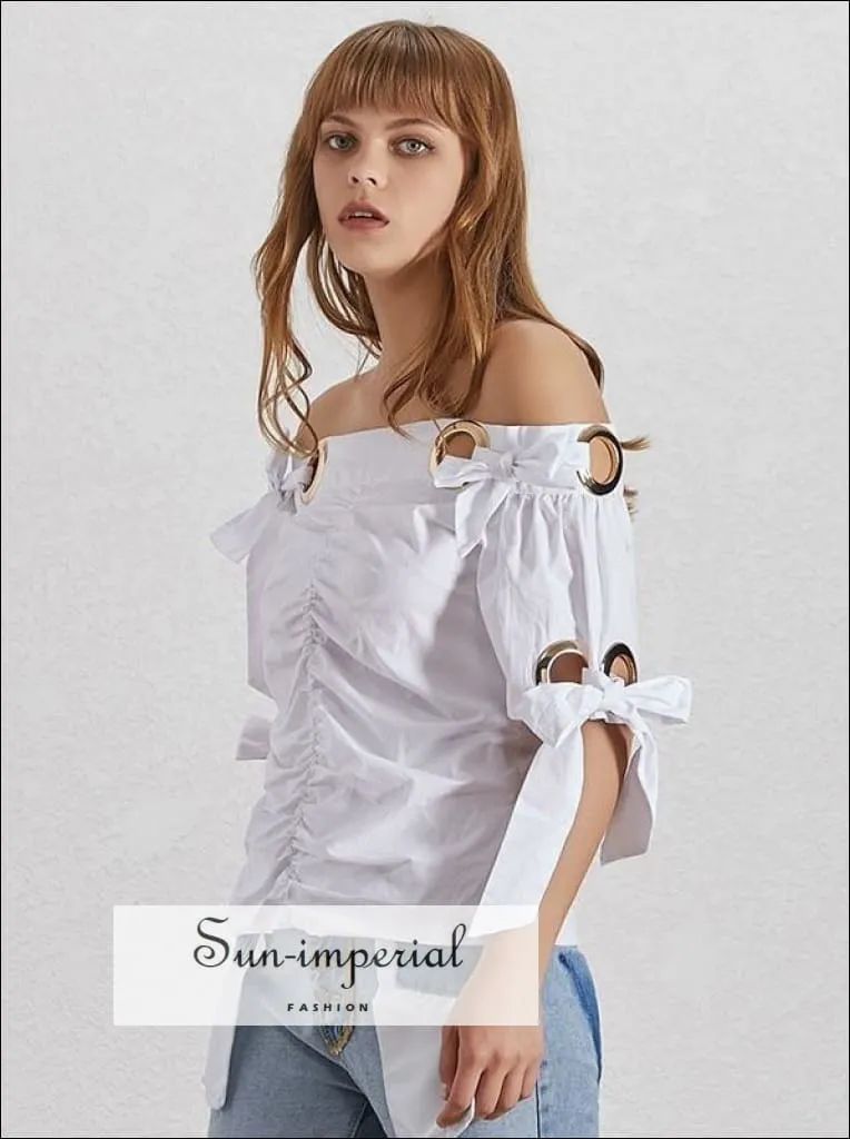 Azalea top - Elegant off Shoulder Women White Blouse Short Sleeve Bow Knot Ruched Slim Cut