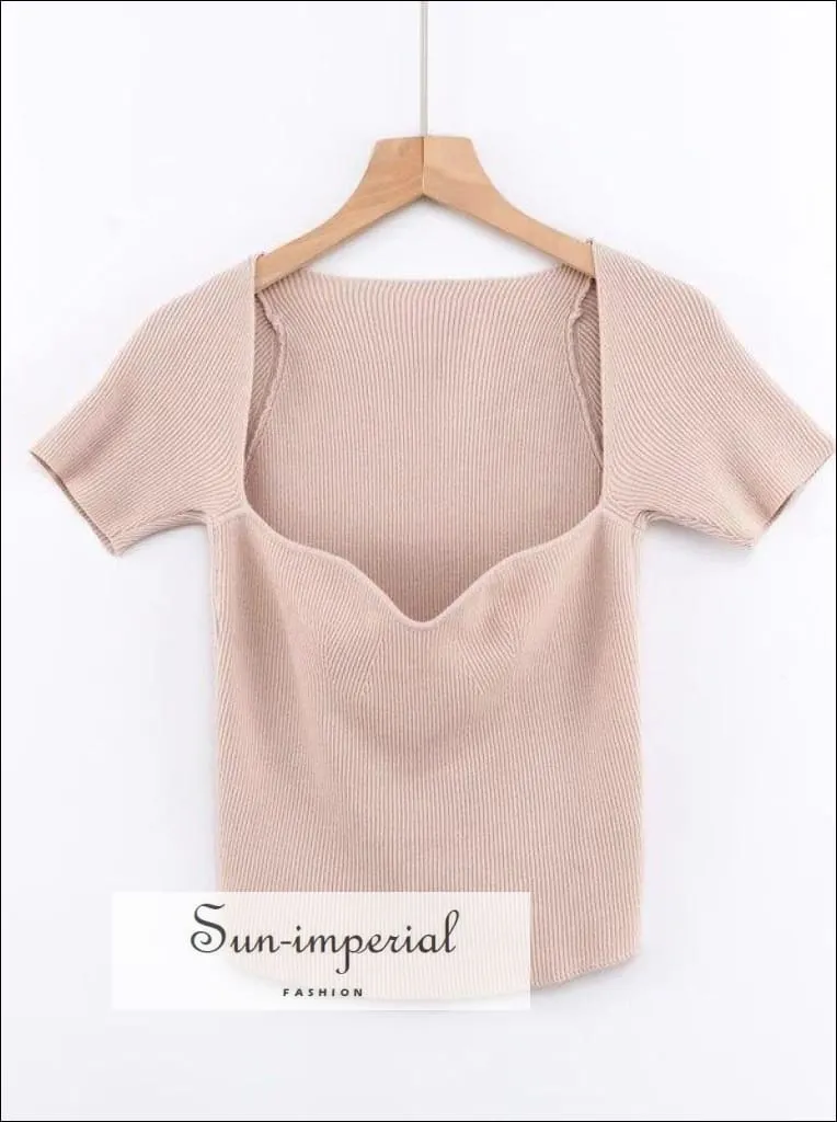 Beige Rib Knitted top Sweetheart Neck