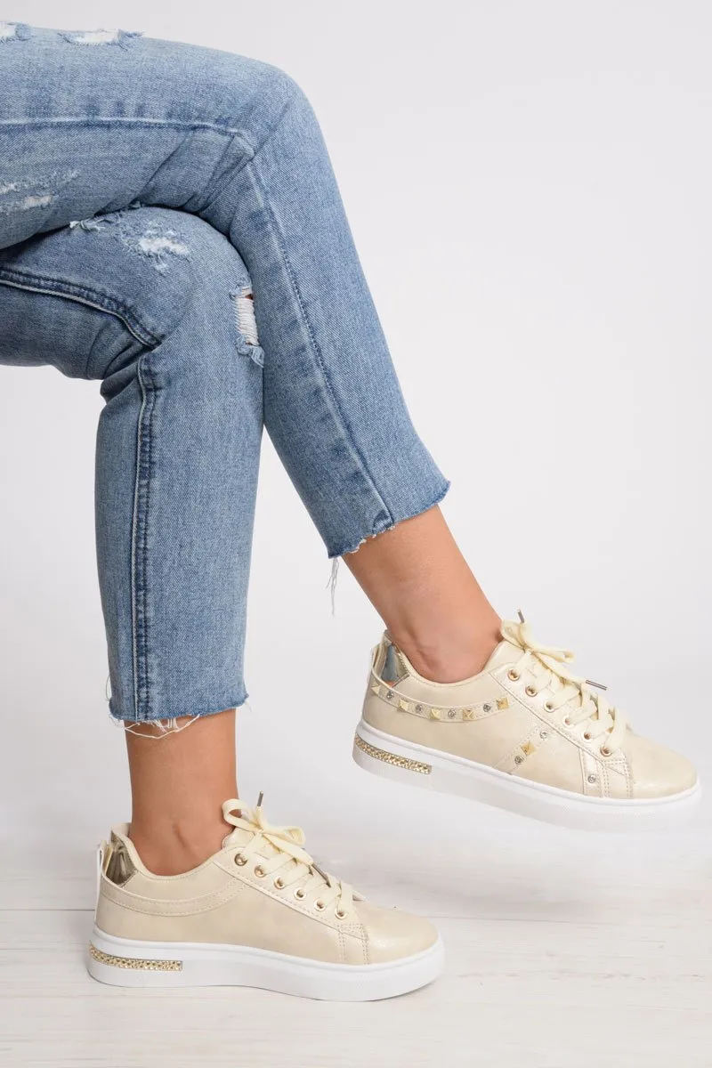 Beige Studded Lace Up Trainers - Ada