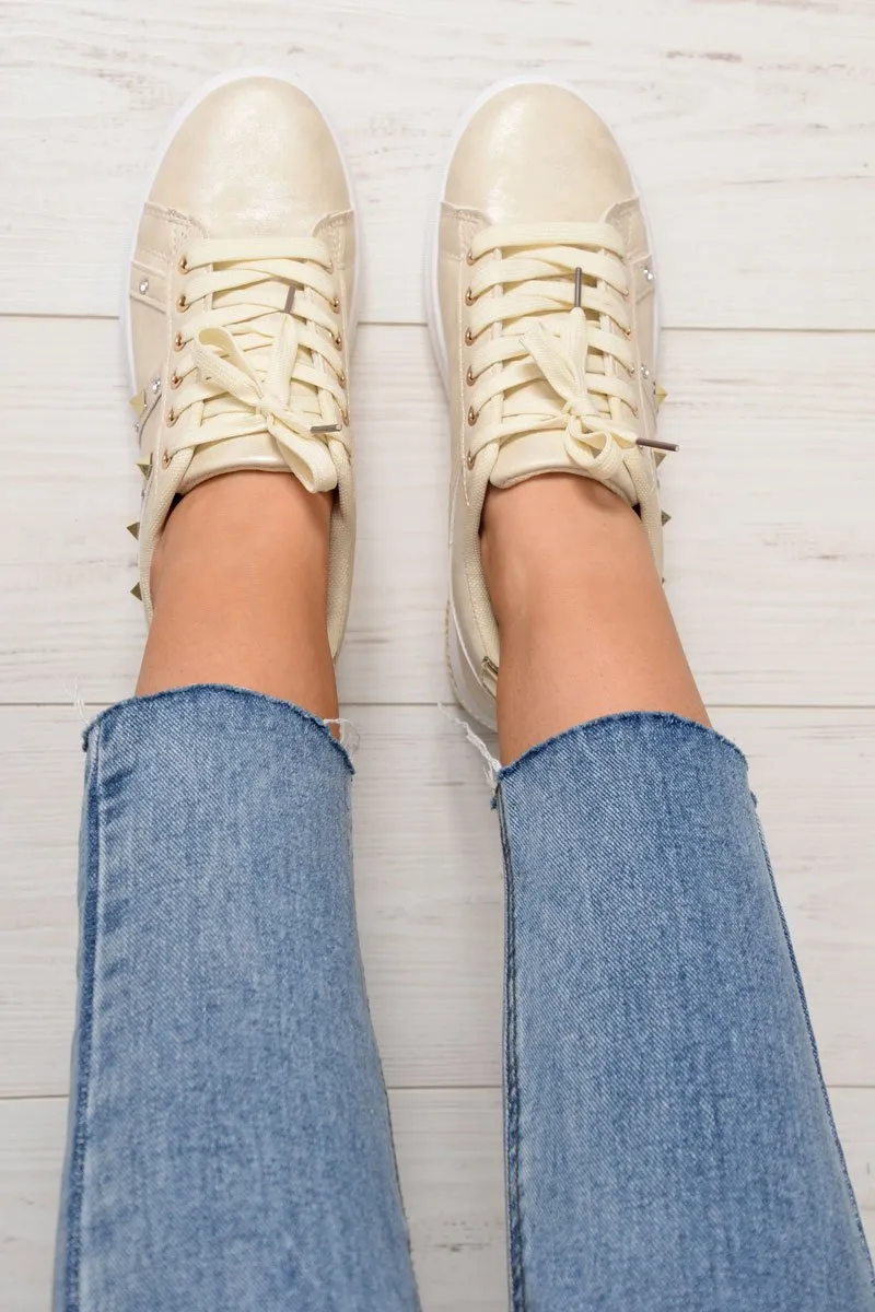 Beige Studded Lace Up Trainers - Ada