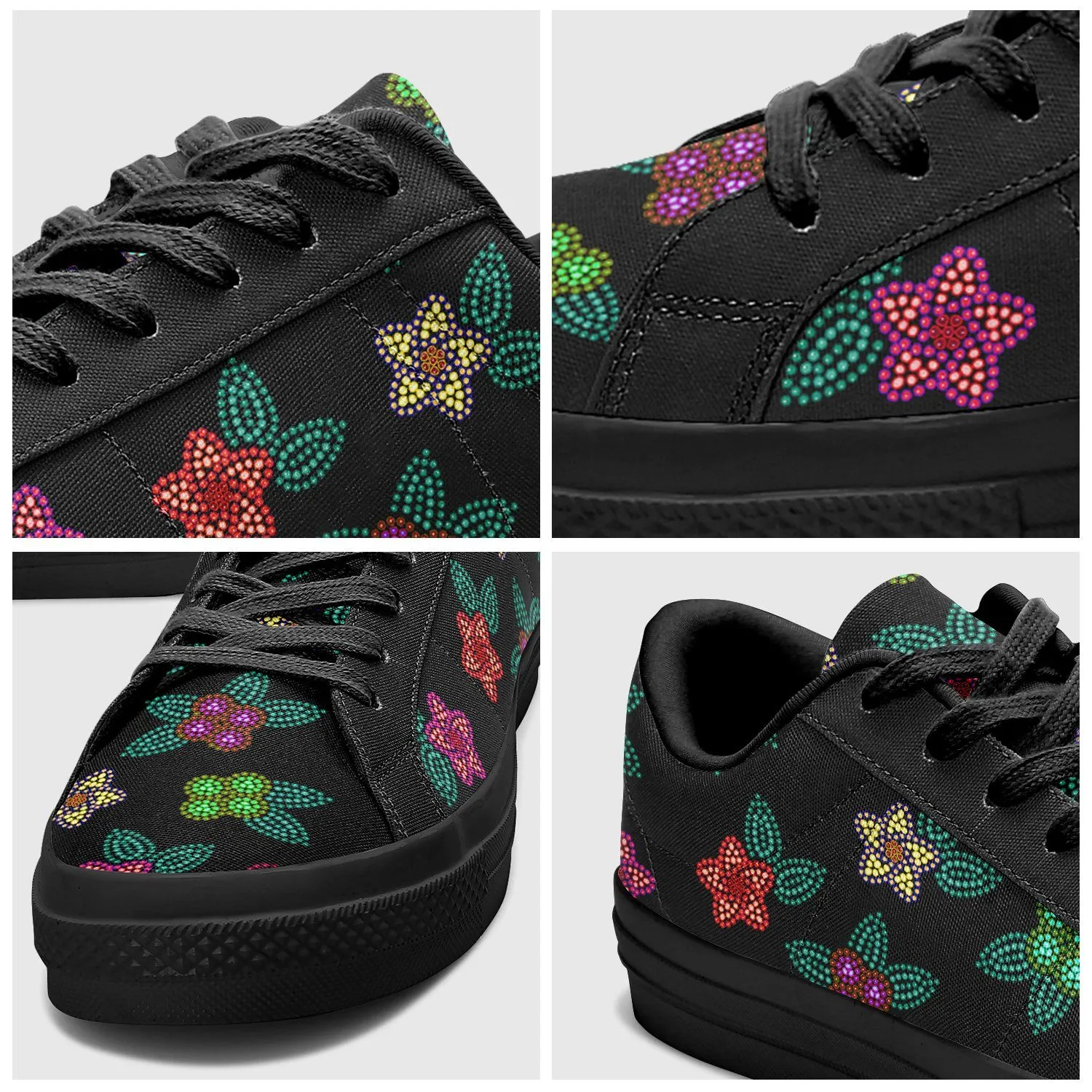 Berry Flowers Black Aapisi Low Top Canvas Shoes Black Sole