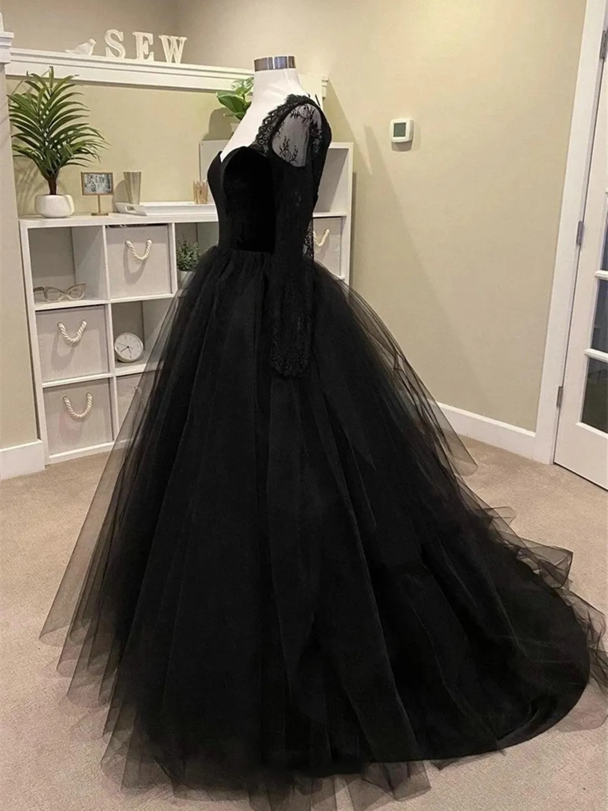 Black A-line Long Lace Sleeves Tulle Formal Dress, Black Prom Dress Party Dress