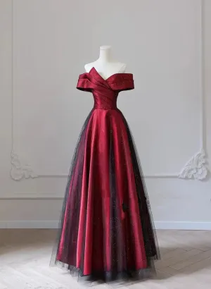 Black and Red Sweetheart Long Party Dress, A-line Off Shoulder Black and Red Prom Dress