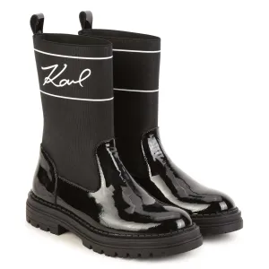 Black Bi-Fabric Patent Logo Boots