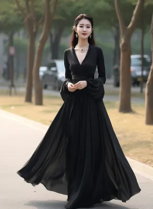 Black Chiffon Long Sleeves V-neckline Party Dress, Black Formal Dress Evening Dress