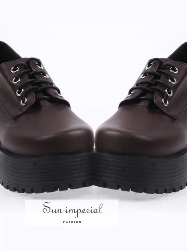 Black Punk Lace up Oxfords Vegan Leather with Short Block Heel and Chunky Treaded Soles Women Shoes