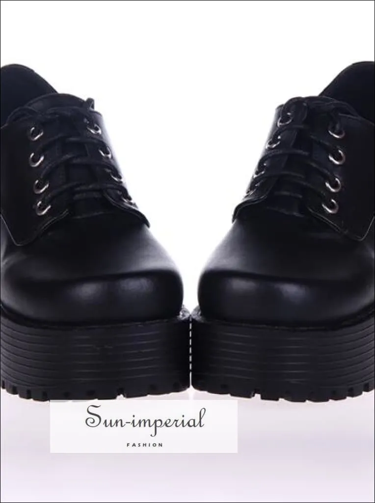 Black Punk Lace up Oxfords Vegan Leather with Short Block Heel and Chunky Treaded Soles Women Shoes