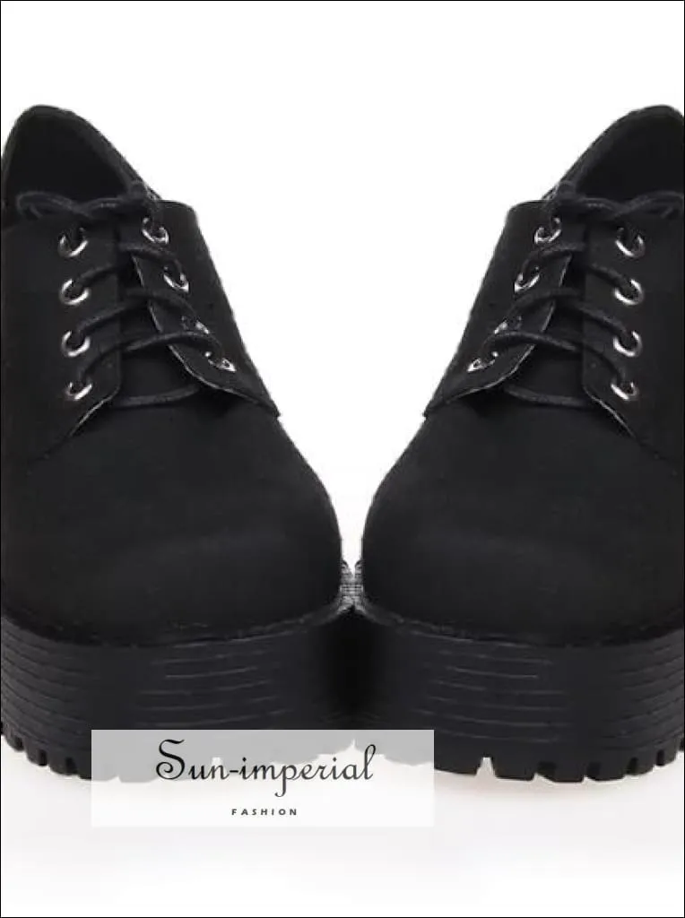 Black Punk Lace up Oxfords Vegan Leather with Short Block Heel and Chunky Treaded Soles Women Shoes