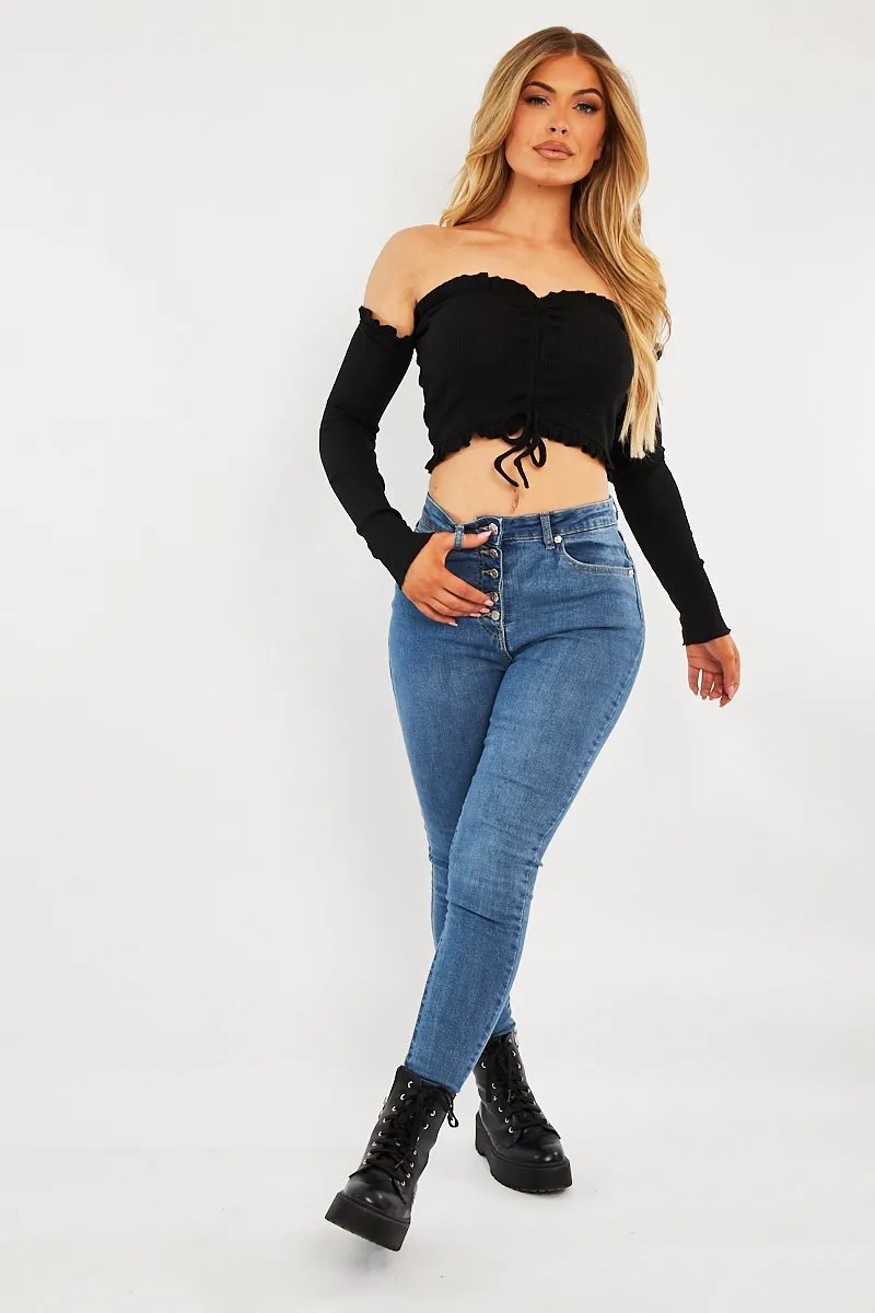 Black Ribbed Ruched Centre Crop Top - Tessla