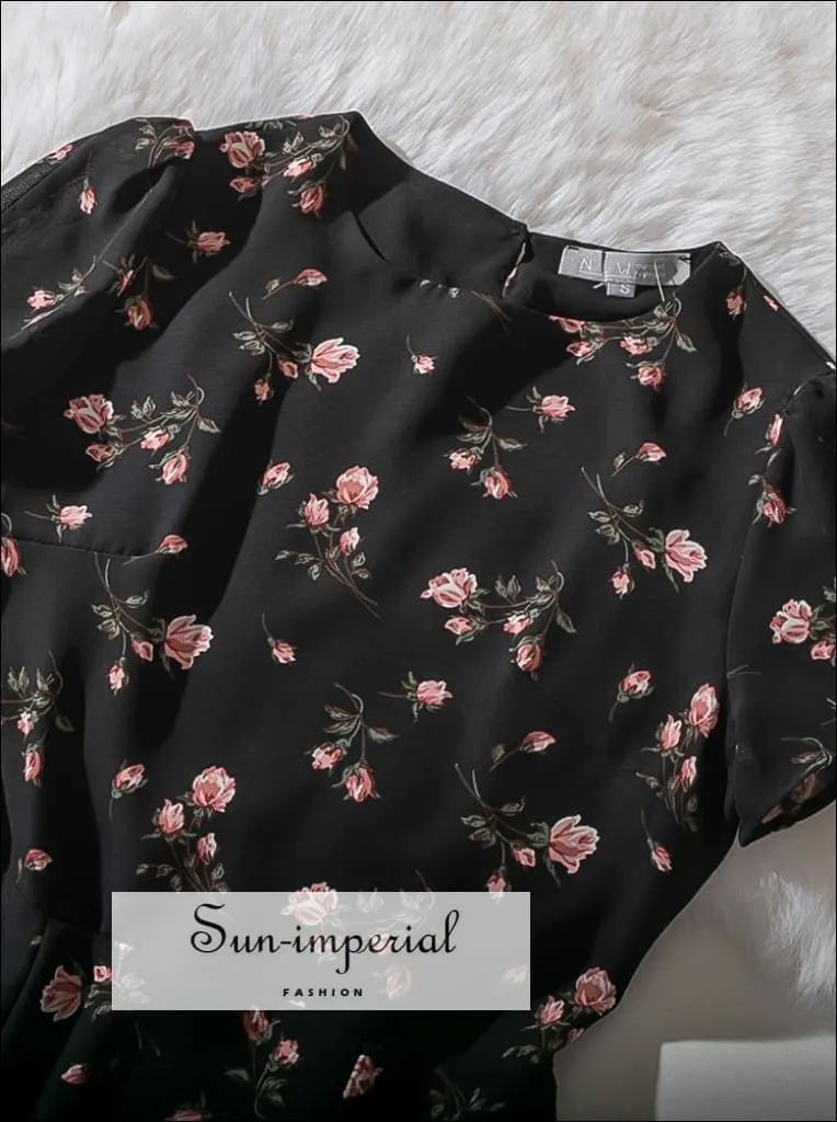 Black Vintage Pink Floral Print Short Sleeve Mini Dresses