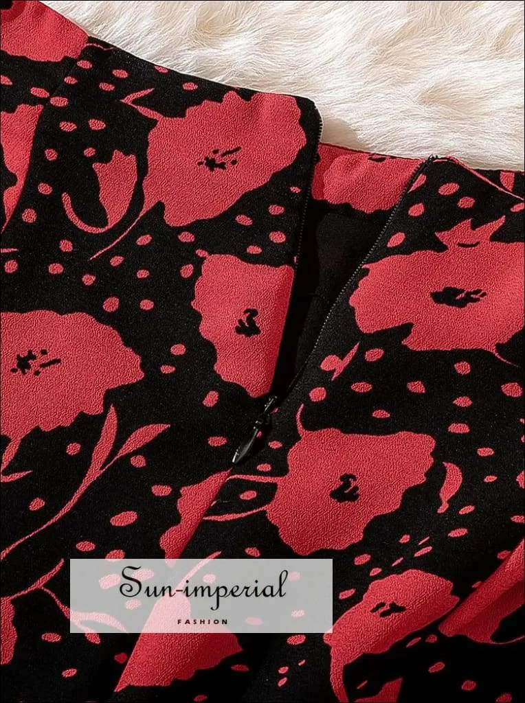 Black with Red Flower Print Midi Vintage Skirt High Waist Fit