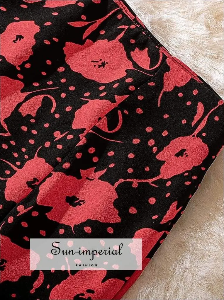 Black with Red Flower Print Midi Vintage Skirt High Waist Fit