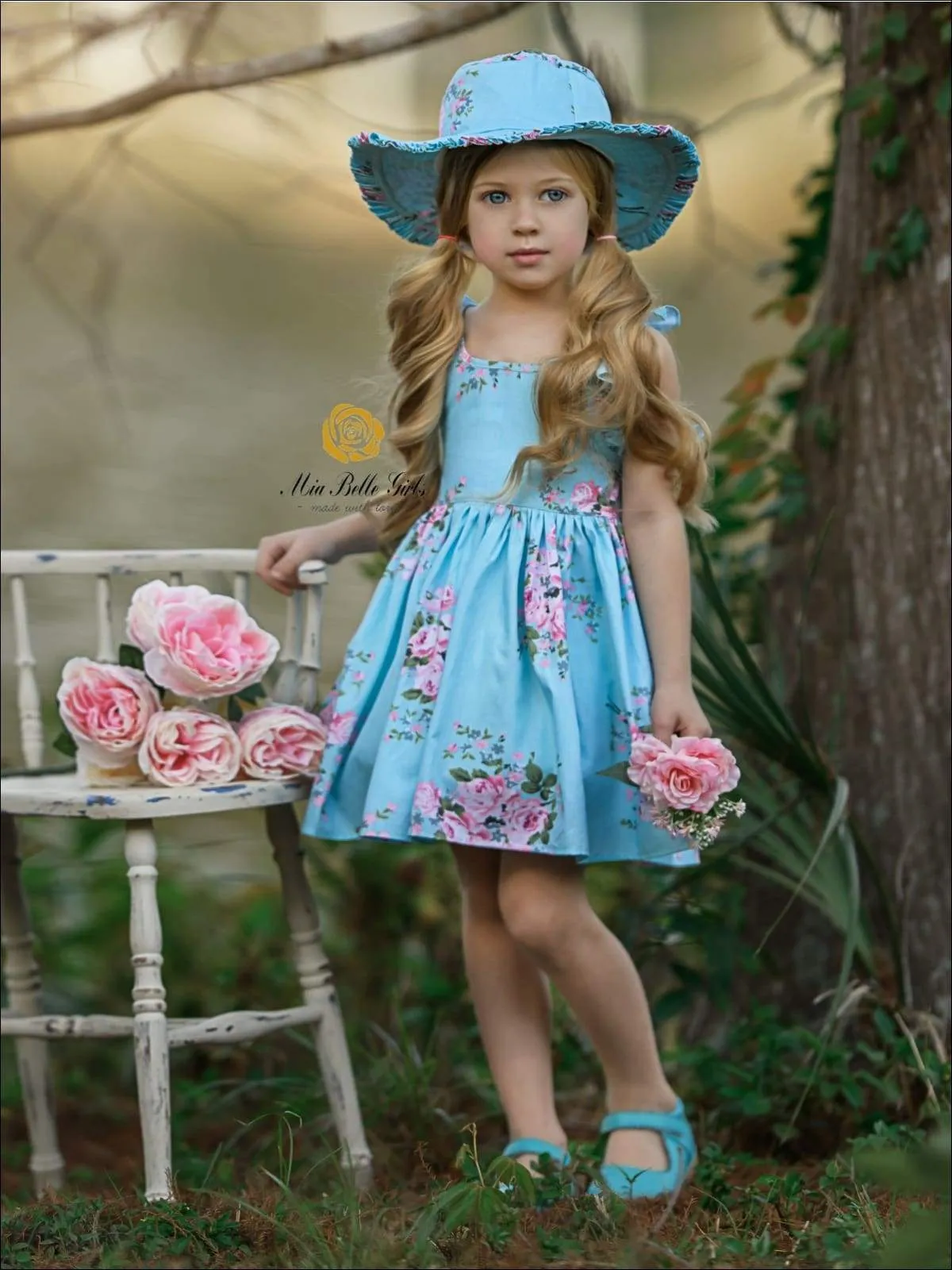 Blossom Blues Cross Back Sleeveless Dress And Hat Set