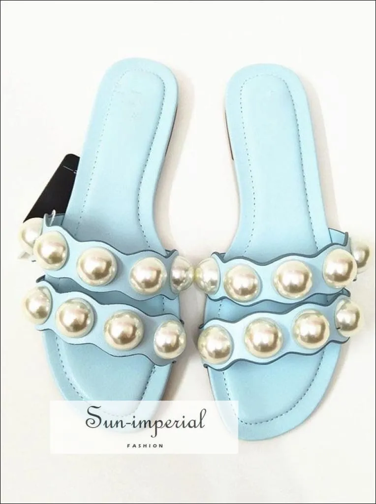 Blue Double Band Pearl Flats Sandals Casual Beach Slide Flip Flops Slippers