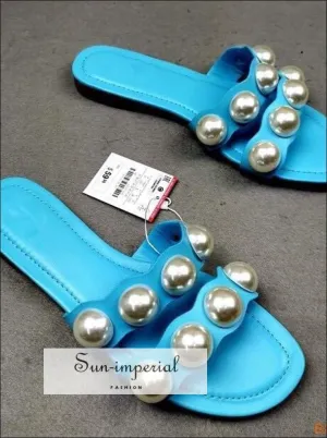 Blue Double Band Pearl Flats Sandals Casual Beach Slide Flip Flops Slippers