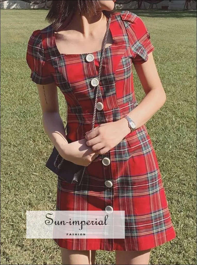 Blue Plaid Mini Dress Short Sleeve Buttoned front Square Neck