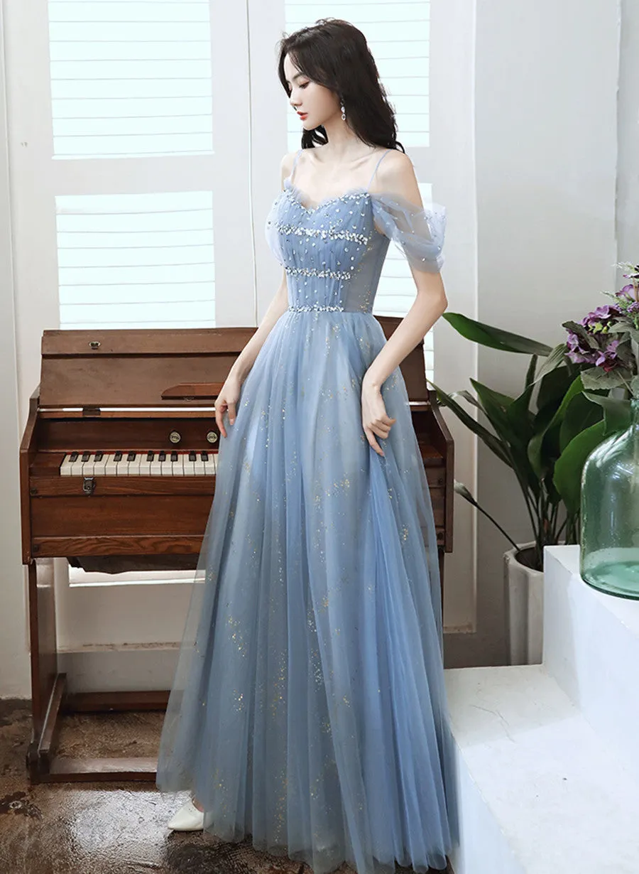 Blue Tulle A-line Party Dress with Beadings, Blue Long Prom Dress