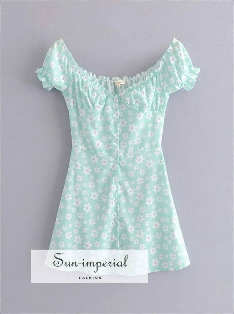 Boho Floral Print Mini A-line Blue Dress Vintage Short Sleeve