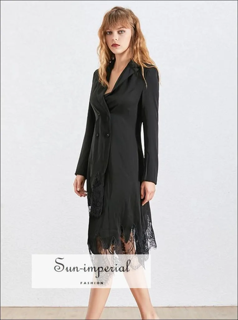 Boulogne Dress- Elegant Lace Patchwork Dress for Women Lapel Long Sleeve High Waist Asymmetrical