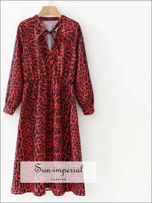 Bow Tie Collar Leopard Print Pleated Dress Red Animal Pattern Elastic Waist Long Sleeve Knee