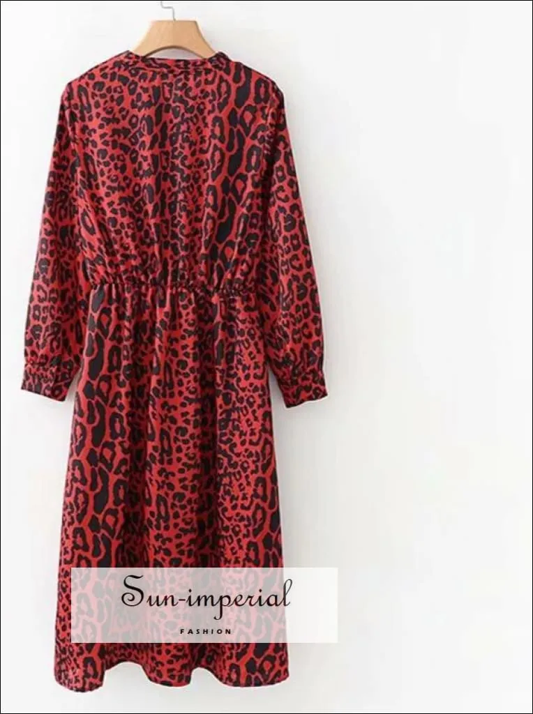 Bow Tie Collar Leopard Print Pleated Dress Red Animal Pattern Elastic Waist Long Sleeve Knee